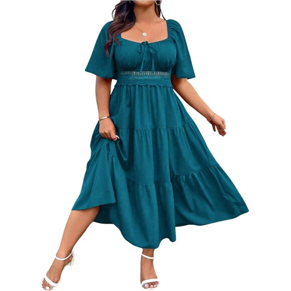 Women's Plus Size Boho Maxi Dress Ruffle Square Neck Summer Sundress